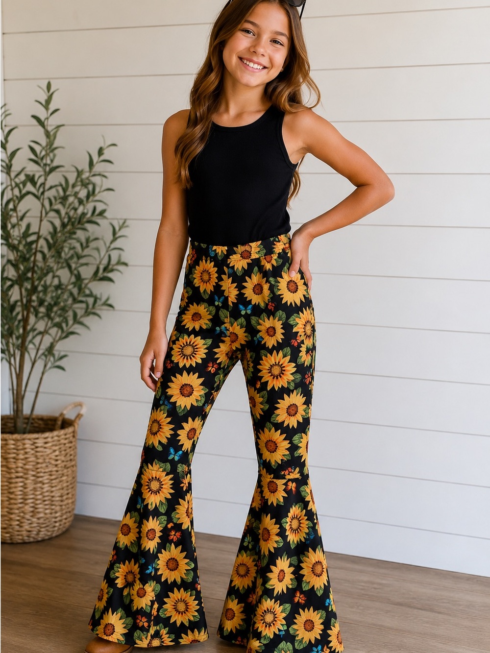 SHEIN Black Sunflower‎ Flare Pants